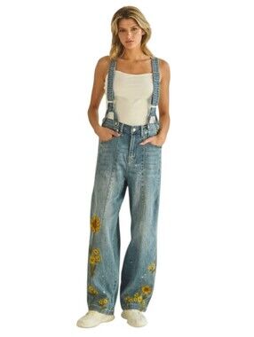 Oli & Hali Golden Bloom Sunflower Embroidered Distressed Blue Overall Jeans M